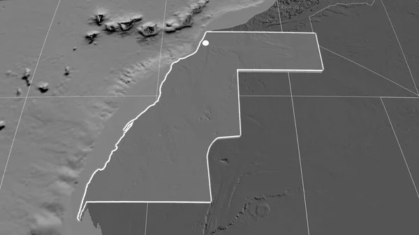 Western Sahara extruded on the bilevel orthographic map. Capital, administrative borders and graticule