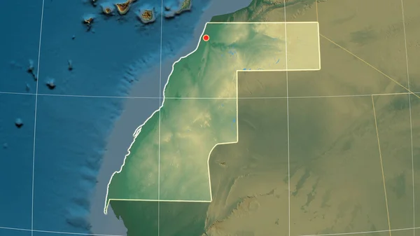 Western Sahara outlined on the relief orthographic map. Capital, administrative borders and graticule