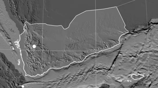 Yemen Esbozó Mapa Ortográfico Bilevel Capital Fronteras Administrativas Graticule — Foto de Stock