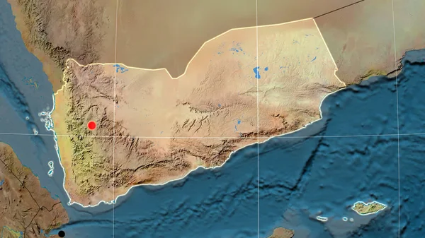 Yemen outlined on the topographic orthographic map. Capital, administrative borders and graticule