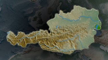 Austria area enlarged and glowed on a darkened background of its surroundings. Main physical landscape features clipart