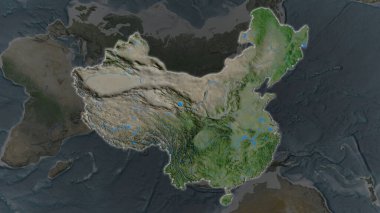 China area enlarged and glowed on a darkened background of its surroundings. Satellite imagery clipart