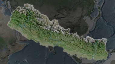 Nepal area enlarged and glowed on a darkened background of its surroundings. Satellite imagery clipart