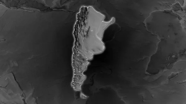 アルゼンチン地域はその周囲の暗い背景で拡大し 成長した グレースケール衝突高度マップ — ストック写真