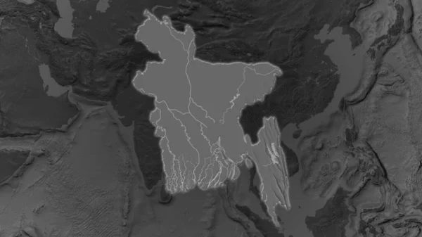 孟加拉国地区在其周围环境暗淡的背景下扩大了 变得明亮了 Bilevel冲撞高程图 — 图库照片