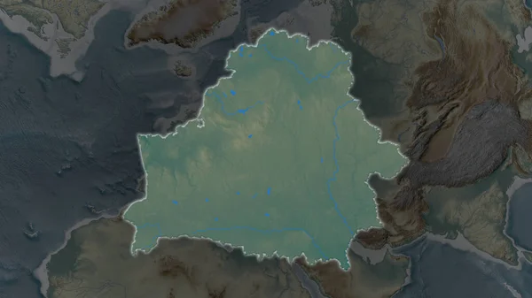 Район Білорусі Розширився Засвітився Темному Тлі Свого Оточення Карта Допомоги — стокове фото