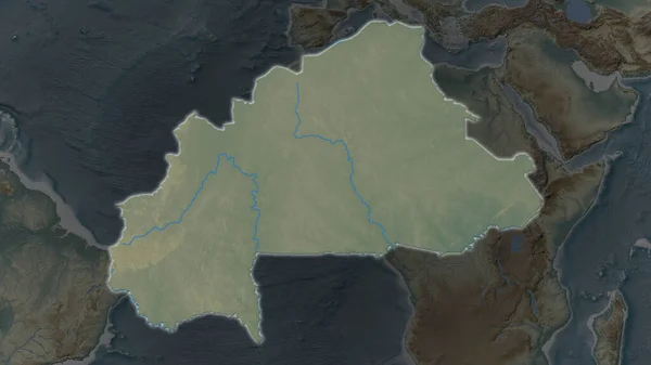 Площадь Буркина Фасо Увеличилась Светилась Темном Фоне Окрестностей Карта Рельефа — стоковое фото