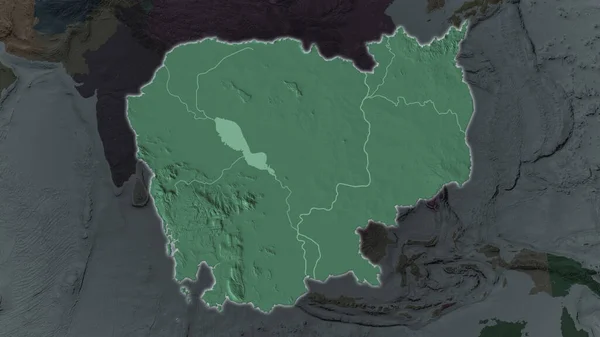 Cambodia area enlarged and glowed on a darkened background of its surroundings. Colored and bumped map of the administrative division