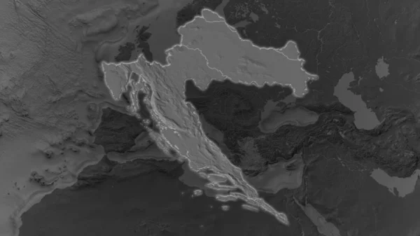Oblast Chorvatska Zvětšovala Žhnula Tmavém Pozadí Svého Okolí Mapa Nadmořské — Stock fotografie
