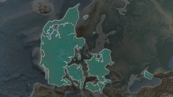 デンマーク地域はその周囲の暗い背景で拡大し 成長した 救援地図 — ストック写真