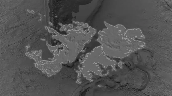フォークランド諸島地域はその周囲の暗い背景で拡大し 成長した ビルレベルの標高マップが衝突 — ストック写真