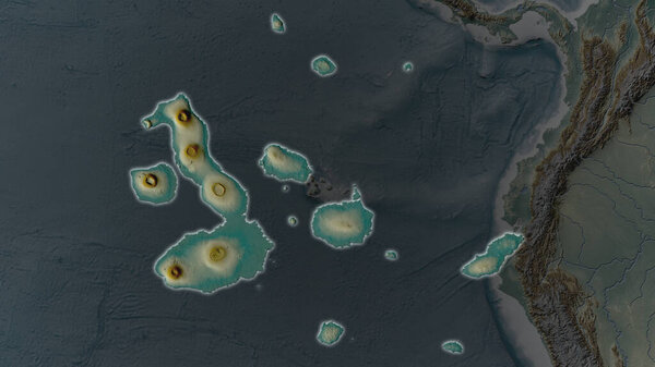 Galapagos Islands area enlarged and glowed on a darkened background of its surroundings. Relief map