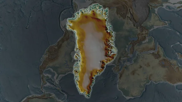 Grönland Területe Kibővült Ragyogott Környék Sötét Hátterében Segélytérkép — Stock Fotó