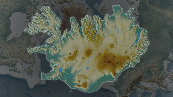 Islandská Oblast Zvětšovala Žhnula Tmavém Pozadí Svého Okolí Mapa Reliéfu — Stock fotografie