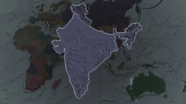 India area enlarged and glowed on a darkened background of its surroundings. Colored and bumped map of the administrative division