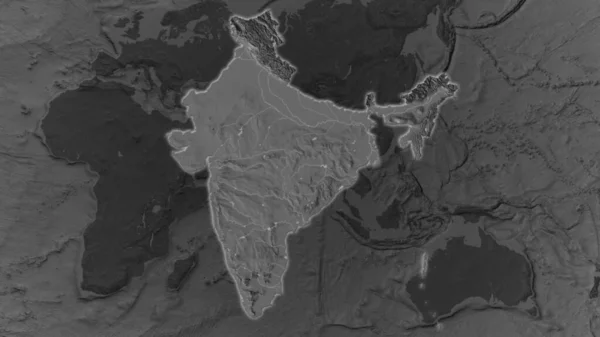 Oblast Indie Zvětšovala Žhnula Tmavém Pozadí Svého Okolí Mapa Nadmořské — Stock fotografie