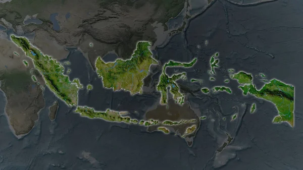 印度尼西亚的面积扩大了 并在其周围环境暗淡的背景下闪闪发亮 卫星图像 — 图库照片