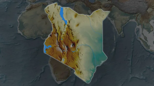 Kenya Area Enlarged Glowed Darkened Background Its Surroundings Relief Map — Stock Photo, Image
