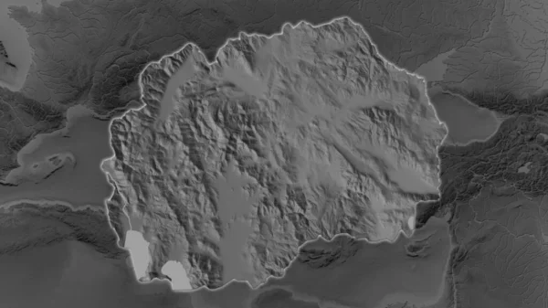Oblast Makedonie Zvětšovala Žhnula Tmavém Pozadí Svého Okolí Mapa Nadmořské — Stock fotografie