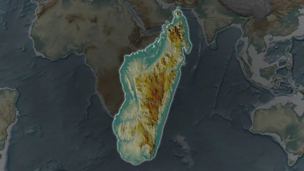 Área Madagascar Agrandó Brilló Sobre Oscuro Fondo Sus Alrededores Mapa — Foto de Stock
