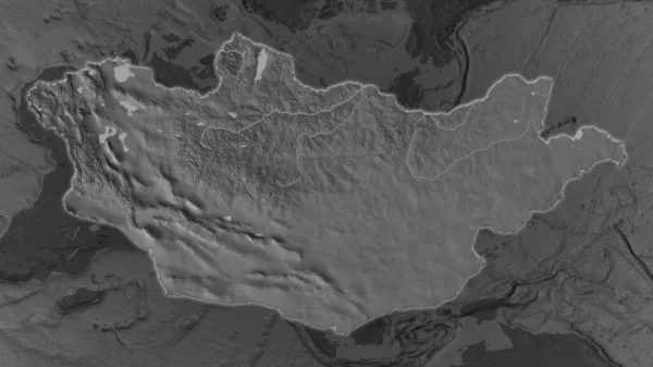 モンゴル地域はその周囲の暗い背景で拡大し 成長した ビルレベルの標高マップが衝突 — ストック写真