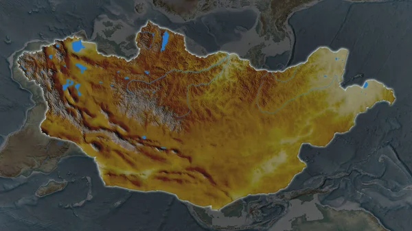 Площадь Монголии Увеличилась Светилась Темном Фоне Окрестностей Карта Рельефа — стоковое фото