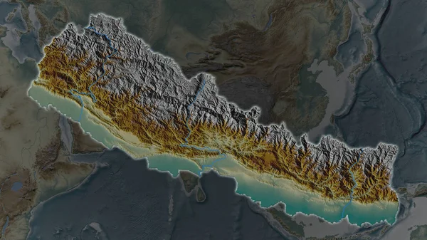 Área Nepal Agrandó Brilló Sobre Fondo Oscuro Sus Alrededores Mapa — Foto de Stock