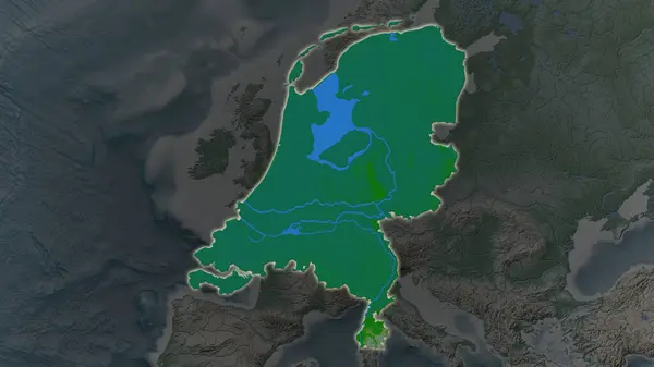 Територія Нідерландів Збільшувалася Світилася Темному Тлі Свого Оточення Основні Фізичні — стокове фото