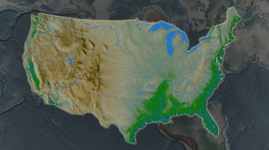 United States Mainland area enlarged and glowed on a darkened background of its surroundings. Main physical landscape features clipart
