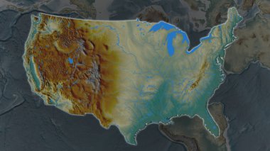 United States Mainland area enlarged and glowed on a darkened background of its surroundings. Relief map clipart