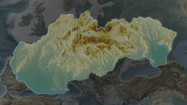 Eslovaquia Área Ampliada Brilló Sobre Fondo Oscuro Sus Alrededores Mapa —  Fotos de Stock