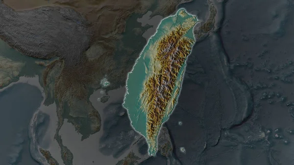 Taiwan Área Ampliada Brilhou Fundo Escurecido Seus Arredores Mapa Alívio — Fotografia de Stock