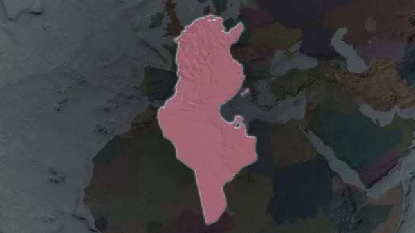 Tunisia area enlarged and glowed on a darkened background of its surroundings. Colored and bumped map of the administrative division