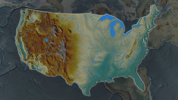 United States Mainland Area Enlarged Glowed Darkened Background Its Surroundings — Stock Photo, Image