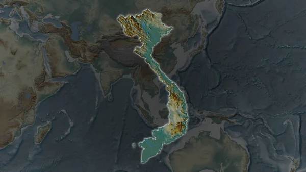 Vietnam Bölgesi Genişledi Çevresinin Karanlık Arka Planında Parladı Yardım Haritası — Stok fotoğraf
