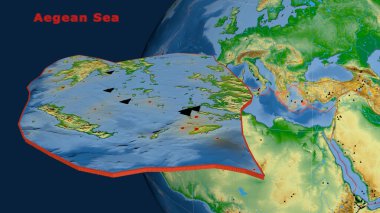 Ege Denizi tektonik plakası dünyaya karşı tanımlanmış, çıkarılmış ve sunulmuştur. renk fiziksel harita. 3B görüntüleme