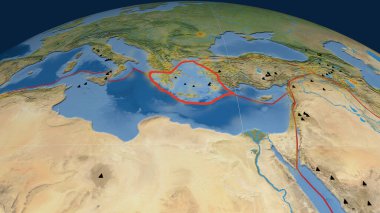 Dünya üzerinde Ege Denizi tektonik plakası var. Uydu görüntüleri. 3B görüntüleme
