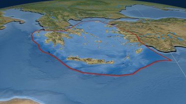 Dünya üzerinde Ege Denizi tektonik plakası var. Uydu görüntüleri. 3B görüntüleme