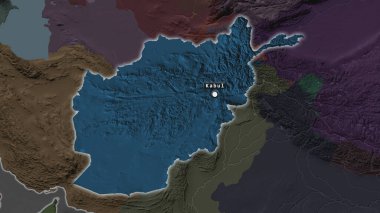 Afganistan 'ın sermaye noktası ve semtinin doyumsuz haritasında işaretlenmiş bölgesi. İdari bölümün renk haritası