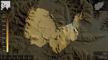Kabil, Afganistan vilayeti. Gölleri ve nehirleri olan renkli gölge verileri. Ülke alanına karşı bilgilendirici örtülerle sunulan şekil. 3B görüntüleme