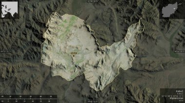 Kabil, Afganistan vilayeti. Uydu görüntüleri. Ülke alanına karşı bilgilendirici örtülerle sunulan şekil. 3B görüntüleme