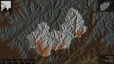 Nuristan, Afganistan vilayeti. Göller ve nehirlerle renkli rahatlama. Ülke alanına karşı bilgilendirici örtülerle sunulan şekil. 3B görüntüleme