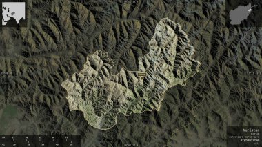 Nuristan, Afganistan vilayeti. Uydu görüntüleri. Ülke alanına karşı bilgilendirici örtülerle sunulan şekil. 3B görüntüleme