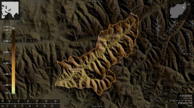 Panjshir, Afganistan vilayeti. Gölleri ve nehirleri olan renkli gölge verileri. Ülke alanına karşı bilgilendirici örtülerle sunulan şekil. 3B görüntüleme