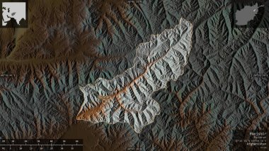 Panjshir, Afganistan vilayeti. Göller ve nehirlerle renkli rahatlama. Ülke alanına karşı bilgilendirici örtülerle sunulan şekil. 3B görüntüleme