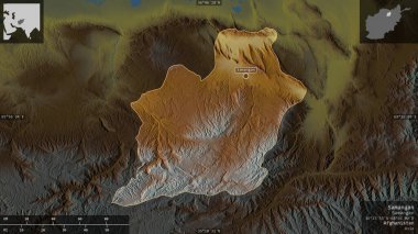 Samangan, Afganistan eyaleti. Göller ve nehirlerle renkli rahatlama. Ülke alanına karşı bilgilendirici örtülerle sunulan şekil. 3B görüntüleme