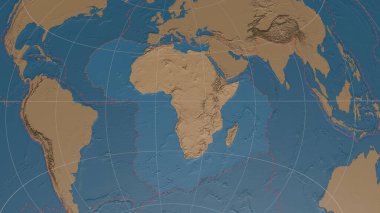 Afrika tektonik plakası, Azimuthal Eşit uzaklıktaki plaka kenarlı küresel gri ölçekli yükselme haritasına göz atıyor. 3B görüntüleme