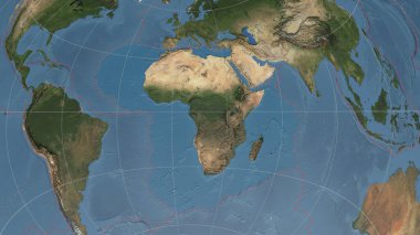 Afrika tektonik plakası, Azimuthal Equidistance projeksiyonunun kenarları çizilmiş küresel uydu görüntülerine göz atıyor. 3B görüntüleme