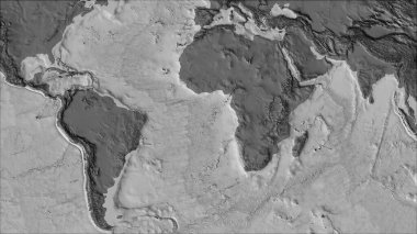 Van der Grinten I projeksiyonundaki (eğik dönüşüm) bilek yükseklik haritasında Afrika tektonik plakasının komşuları. Ham bileşik - ana hatları yok