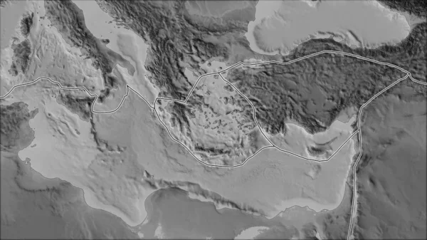 エーゲ海プレート領域に隣接する領域のグレースケールマップ上の構造プレート境界 ヴァン グリンテンI予測 斜めの変換 — ストック写真